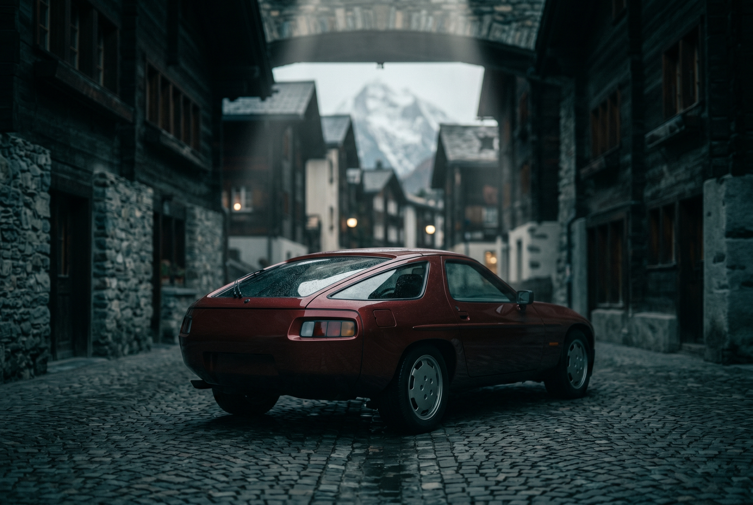 Featured build N°047 — restored Porsche 928 GTS in deep red, parked on a cobblestone alpine village street at dusk.