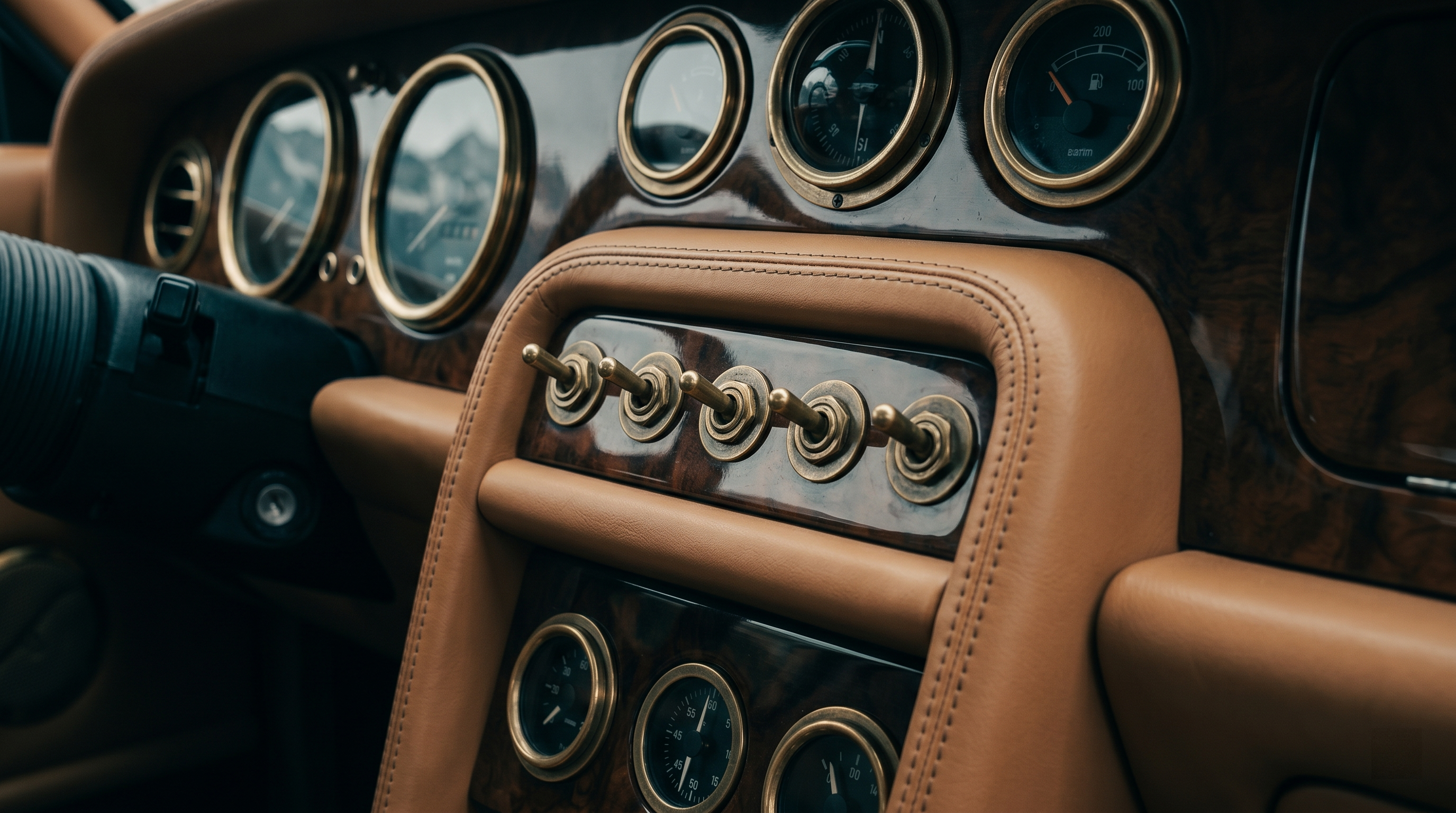 Hand-stitched cognac leather interior with brass toggle switches and walnut burr veneer.