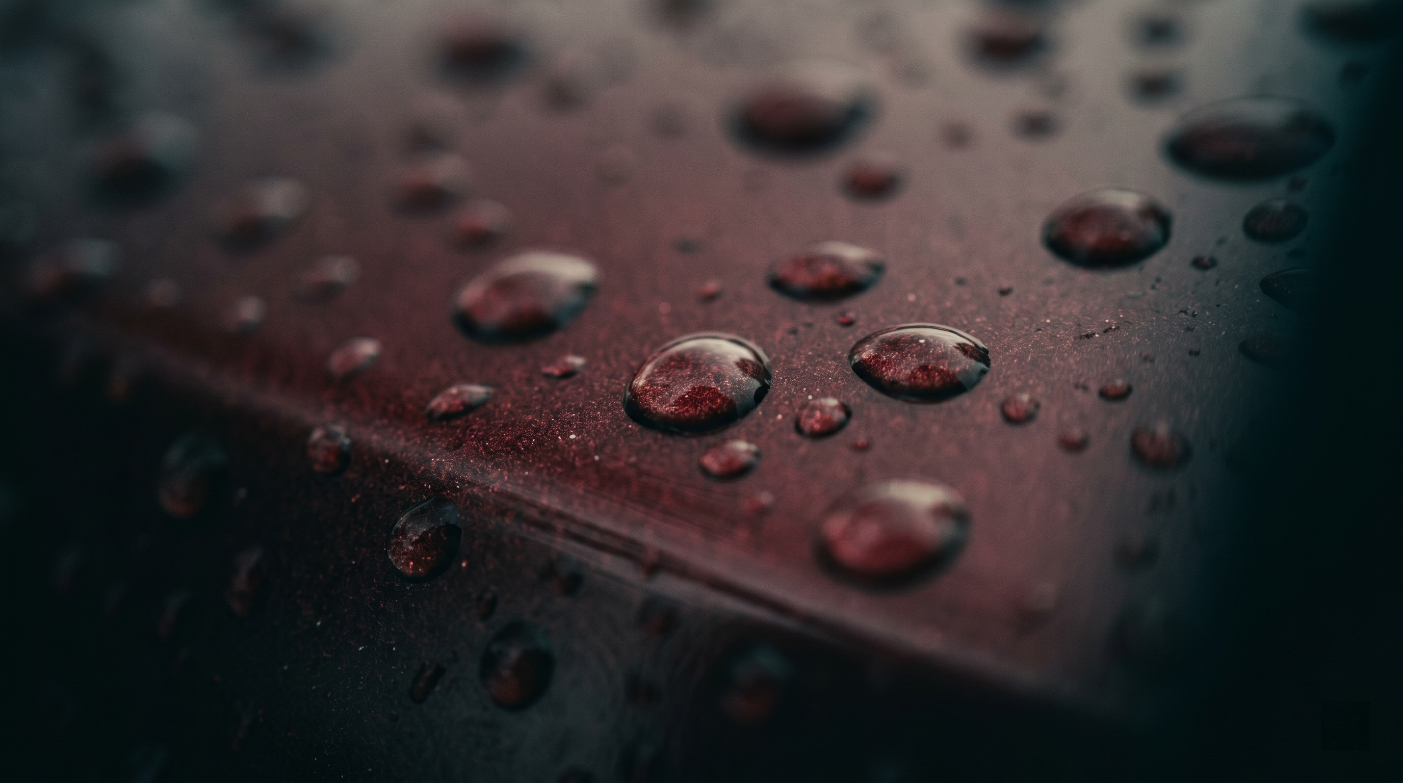 Macro shot of deep red metallic paint with rain droplets catching the light.