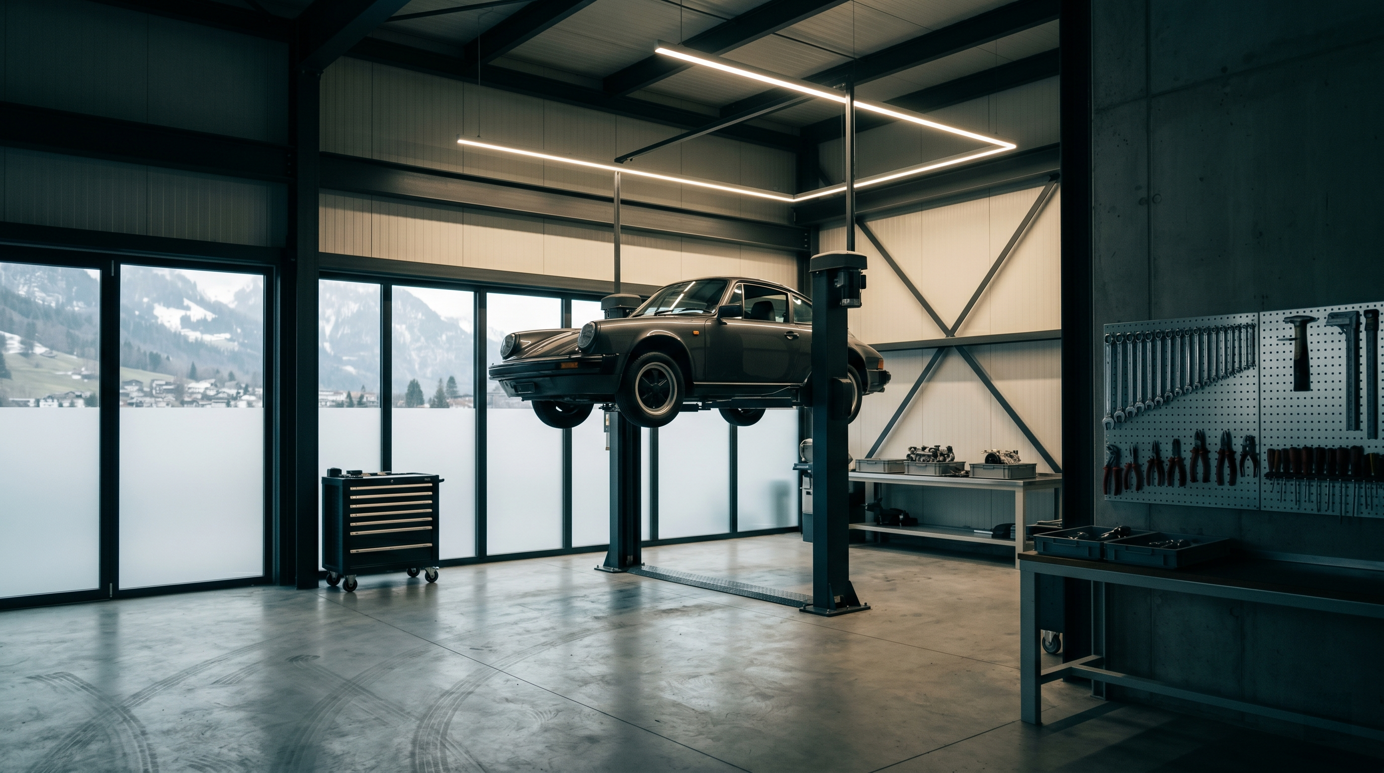 Modern alpine workshop interior with a vintage 911 on a two-post lift, snow-capped mountains visible through the window.
